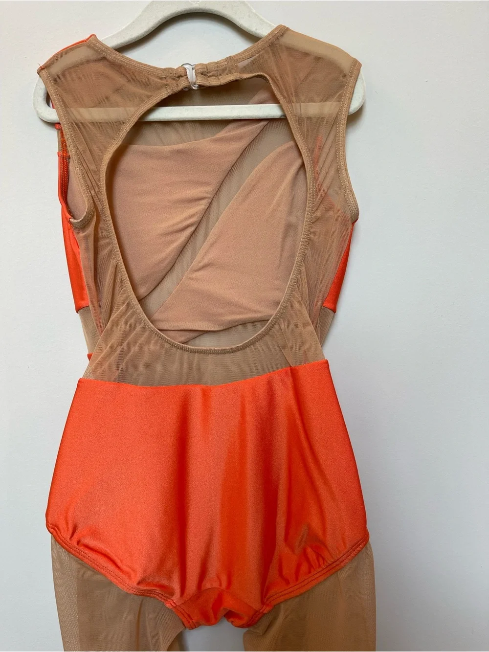 Girls Orange and Nude Mesh Dance One-Piece Bodysuit